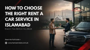 Professional chauffeur with a clean rental car in Islamabad, helping travelers choose a reliable car rental service for airport transfers, family trips, and business travel.